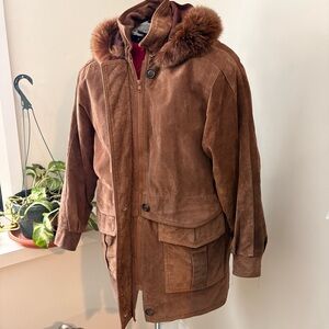 Women's Brown Suede Hooded Jacket with Fur Trim